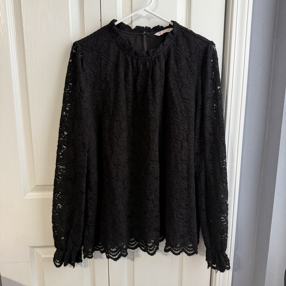 Kirundo Black Lace Lined Long Sleeve Blouse Women's Size XXL Boho Preppy Office
